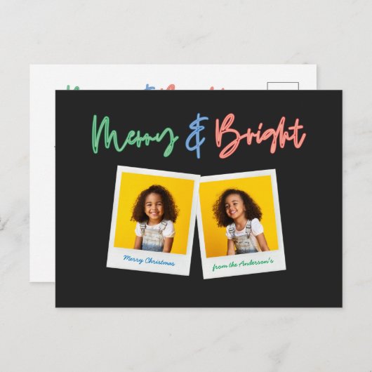 クリスマス数々の写真の明るいモダンカラフルネオン シーズンポストカード (正面/裏面)