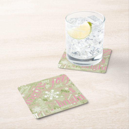 クリスマス文字とスノーフレークパターンピンクID257 スクエアペーパーコースター (インサイチュ)