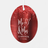クリスマス新婚レッドグリッター写真 メタルオーナメント (正面左)