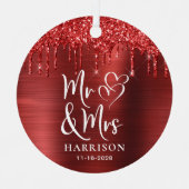 クリスマス新婚レッドグリッター写真 メタルオーナメント (正面)