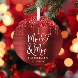 クリスマス新婚レッドグリッター写真 メタルオーナメント