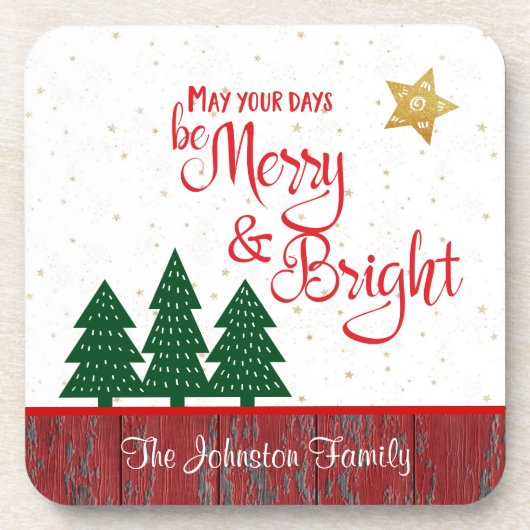 クリスマス日メリーブライトツリー金ゴールドスター名 コースター (正面)