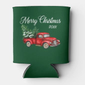 クリスマス日付水色ヴィンテージ赤トラックグリーン 缶クーラー (正面)