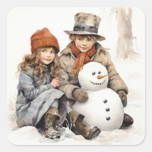 クリスマス旧ファッション子供雪だるま水色 スクエアシール