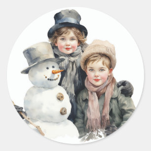 クリスマス旧ファッション子供雪だるま水色 ラウンドシール