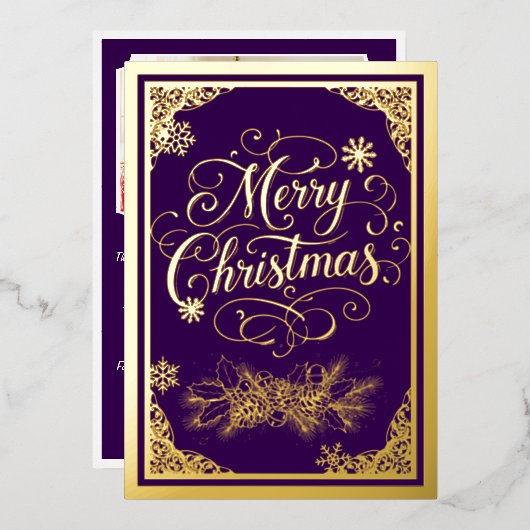 クリスマス映画のボーダー紫色の写真バック 箔シーズンカード (正面/裏面)