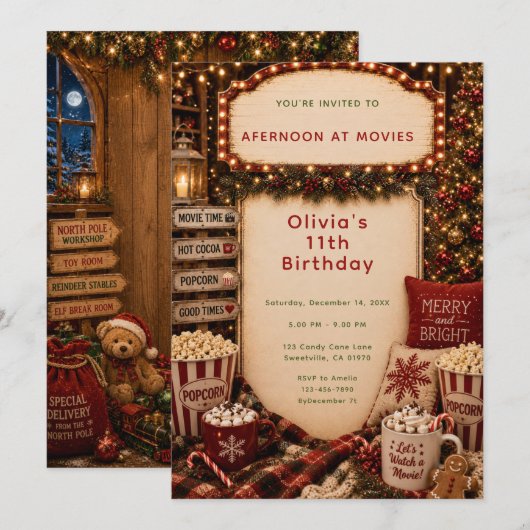 クリスマス映画の誕生日パーティー 招待状 (正面/裏面)