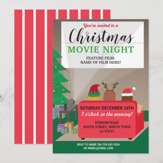クリスマス映画ナイトパーティーキッズフェスティバルムービー 招待状 (正面/裏面)