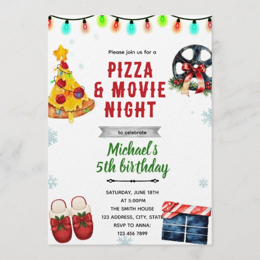 クリスマス映画パーティー ピザ＆パジャマパーティーのご招待 招待状 (正面)