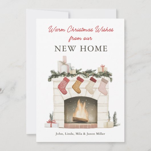 クリスマス暖炉の写真ニューホームムービング シーズンカード (正面)