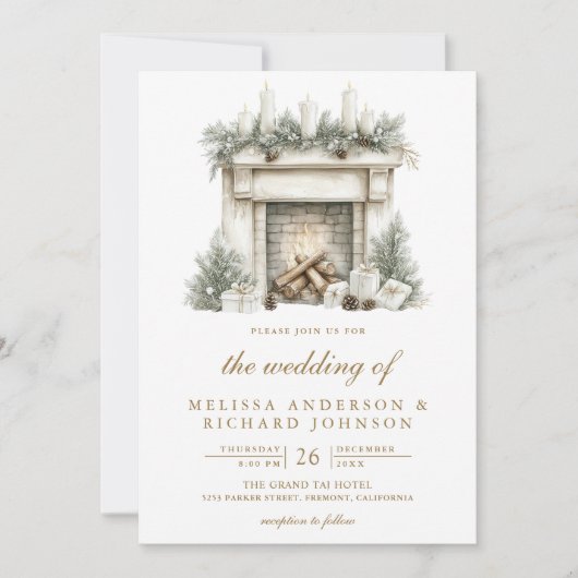 クリスマス暖炉の弓すべて一つのQRコード結婚の 招待状 (正面)