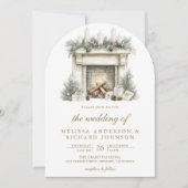 クリスマス暖炉のBow写真QRコードアーチ結婚ーズ 招待状 (正面)