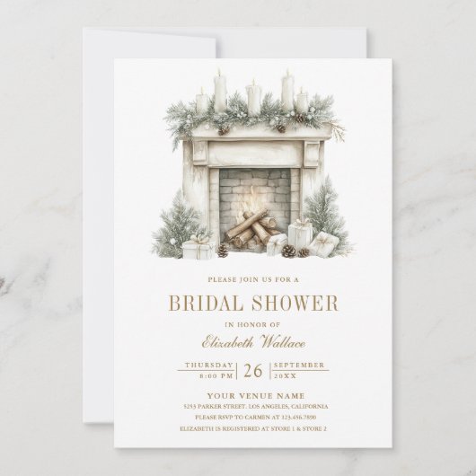 クリスマス暖炉ボウQRコードブライダルシャワー 招待状 (正面)