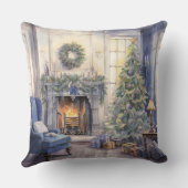 クリスマス暖炉リビングルームツリーブルー クッション (裏面)