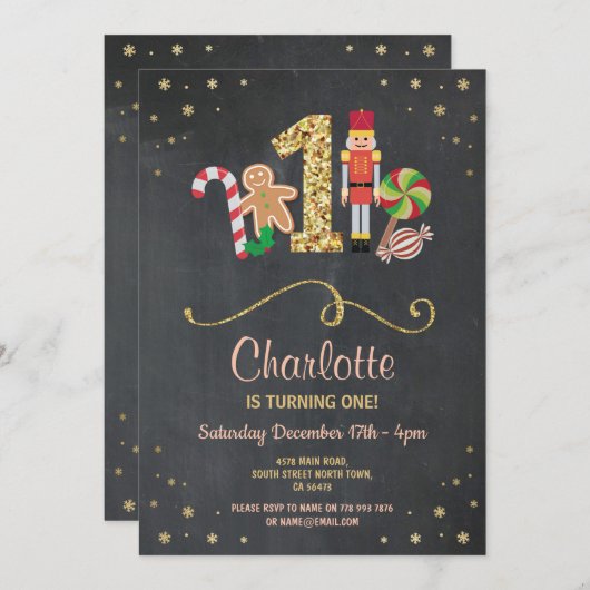 クリスマス最初1誕生日の休日のチョークの招待 招待状 (正面/裏面)