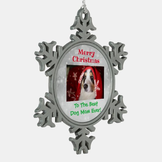 クリスマス最高のドッグママのペットの写真 スノーフレークピューターオーナメント (左)
