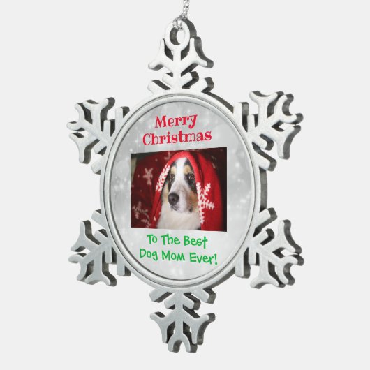 クリスマス最高のドッグママのペットの写真 スノーフレークピューターオーナメント (右)