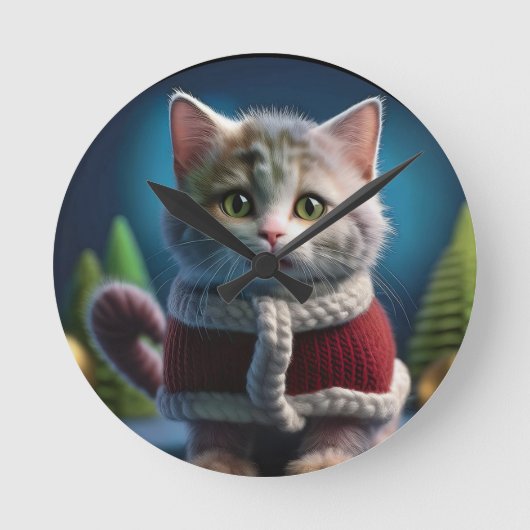 クリスマス服を着たミンスキンの子猫 ラウンド壁時計 (正面)