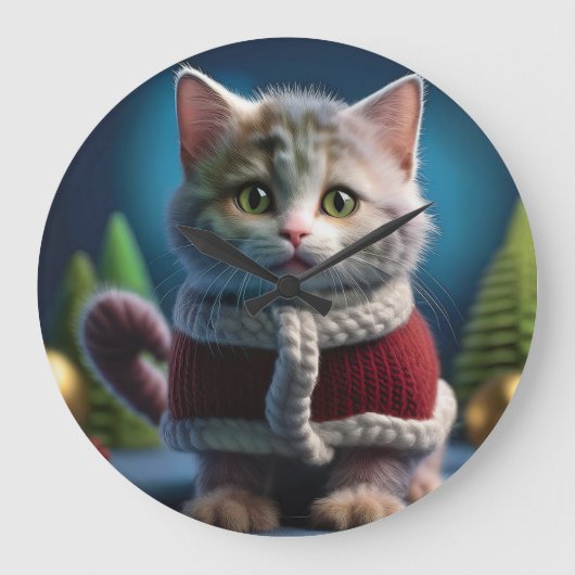 クリスマス服を着たミンスキンの子猫 ラージ壁時計 (正面)