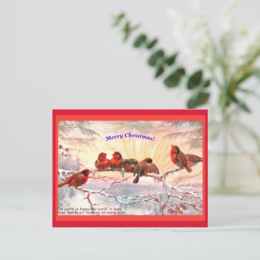 クリスマス朝日昇る古い鳥の絵の葉書 ポストカード (スタンド正面)
