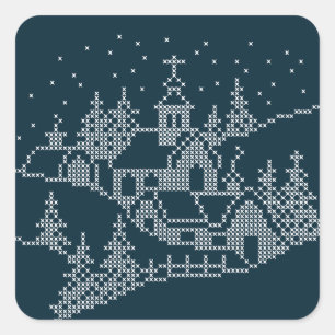 クリスマス村の刺繍、聖なる夜の北欧 スクエアシール