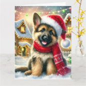 クリスマス村の祭りのドイツ牧羊犬の子犬 カード (黄色い花)