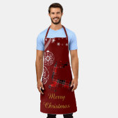 クリスマス柄のトナカイ 赤白の装飾 エプロン (着用した状態)