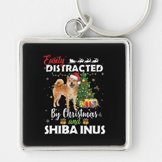 クリスマス柴犬の犬の贈り物に気を取られる キーホルダー (正面)