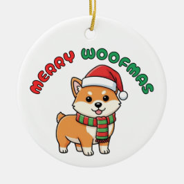 クリスマス柴犬オーナメント: メリーウーフマス セラミックオーナメント