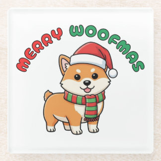 クリスマス柴犬コースター: メリーウーフマス ガラスコースター