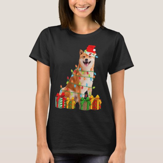 クリスマス柴犬ドッグクリスマスライトパピー Tシャツ (正面)