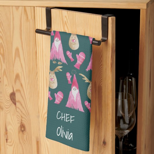 クリスマス格言とトナカイに手袋 キッチンタオル (三つ折り)