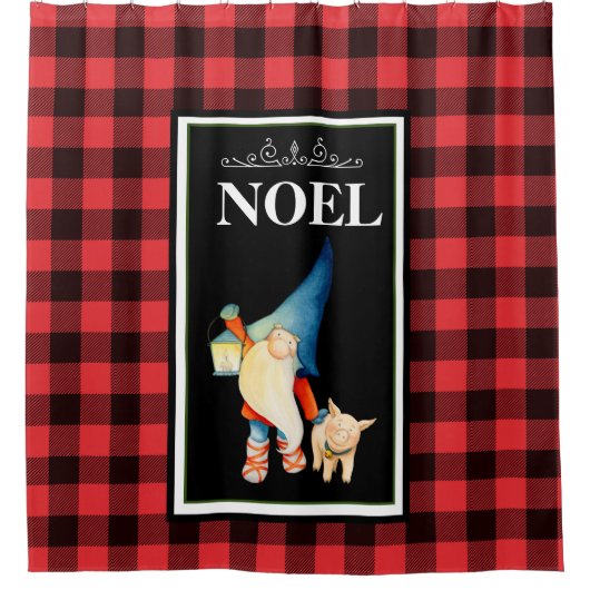 クリスマス格言オン赤と黒バッファロープレイド シャワーカーテン (正面)