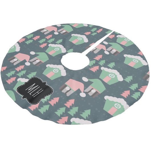 クリスマス格言ビレッジピンクグリーンファミリーイニシャル ブラッシュドポリエステルツリースカート (アングル)