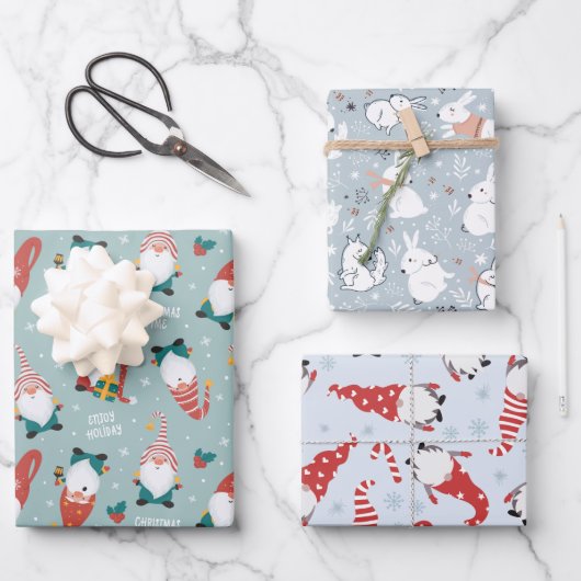 クリスマス格言、森林動物の冬のパターン ラッピングペーパーシート (正面)