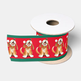 クリスマス歌唱犬の水彩画リボン サテンリボン