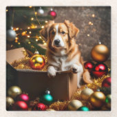 クリスマス気分の変わった犬 ガラスコースター (正面)