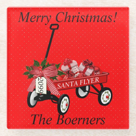 クリスマス気分の良い赤いワゴンとプレゼント ガラスコースター (正面)