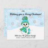 クリスマス気分を楽しみたいブルーの雪だるま ポストカード (正面/裏面)