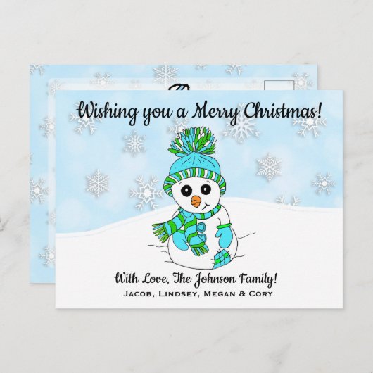 クリスマス気分を楽しみたいブルーの雪だるま ポストカード (正面/裏面)
