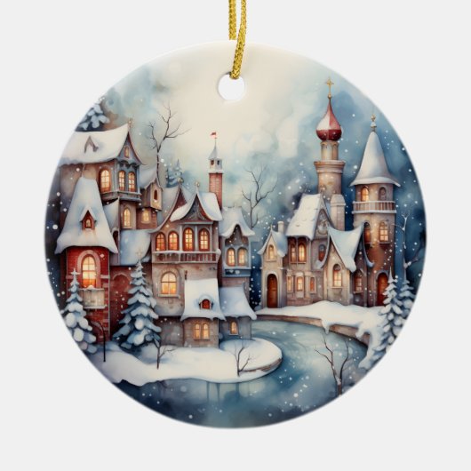 クリスマス水の色の町のシーンにメッセージを追加 セラミックオーナメント (正面)