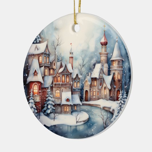 クリスマス水の色の町のシーンにメッセージを追加 セラミックオーナメント (左)
