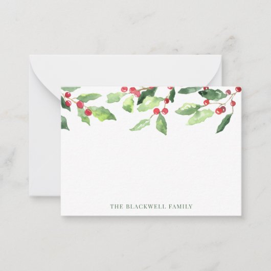 クリスマス水彩ミストルテートファミリー名 ノートカード (正面)
