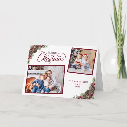 クリスマス水彩植物体2写真エレガント シーズンカード (正面)