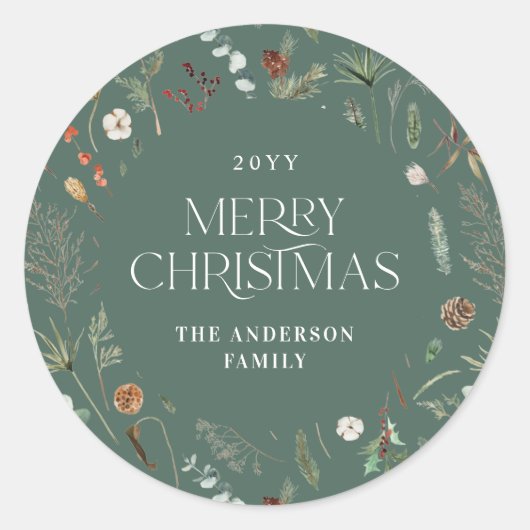 クリスマス水彩植物性フローラセージ緑 ラウンドシール (正面)