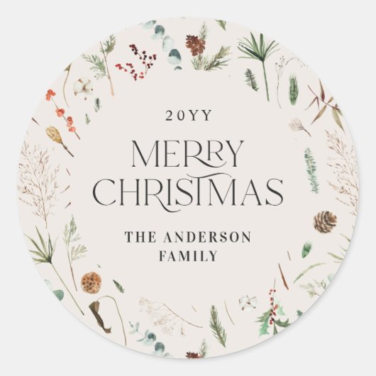 クリスマス水彩植物性フローラナチュラル ラウンドシール (正面)