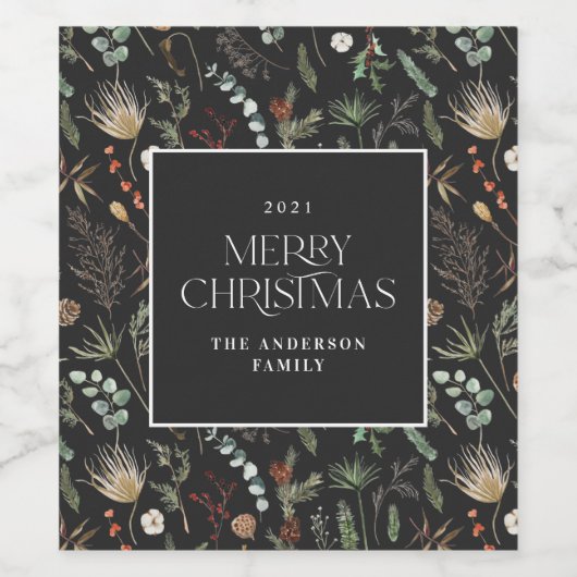 クリスマス水彩植物性フローラ濃いムーディーw ワインラベル (シングルラベル)