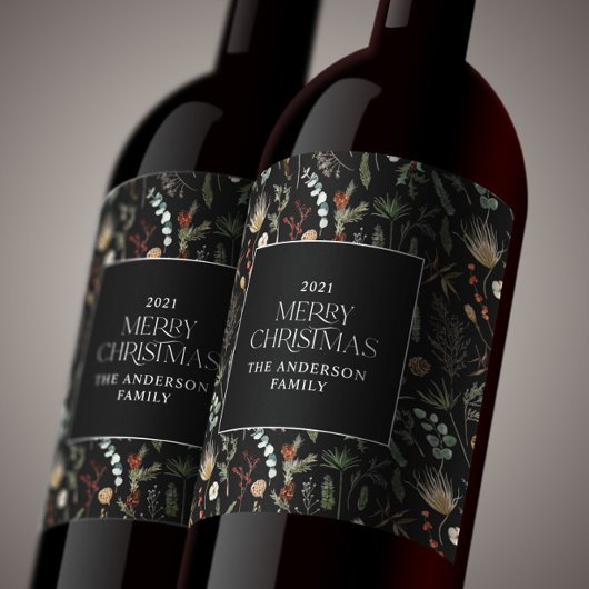 クリスマス水彩植物性フローラ濃いムーディーw ワインラベル