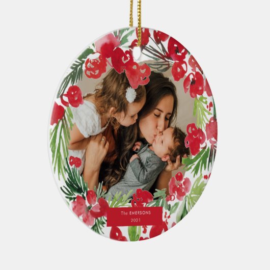 クリスマス水彩花枠写真 セラミックオーナメント (右)