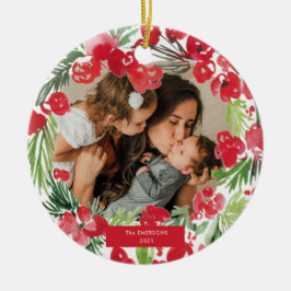 クリスマス水彩花枠写真 セラミックオーナメント